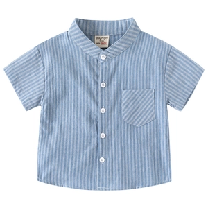 Classic blue and white striped short sleeve cotton shirt for boys with V-neck design