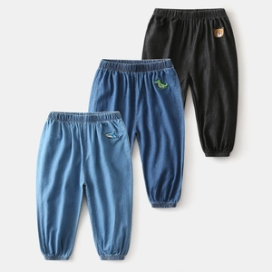 Three-pack kids thin denim joggers in light blue, dark blue and black with animal embroidery
