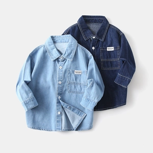 Classic long sleeve denim shirts for boys in light and dark blue with chest pocket