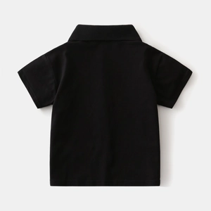 Classic black short-sleeve polo shirt for boys, back view of breathable cotton fabric