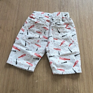 White boys' cotton shorts with red wine bottle print and elastic waist for summer