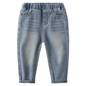 Classic light blue boys' denim pants with elastic waist and stylish cuffed hems for spring