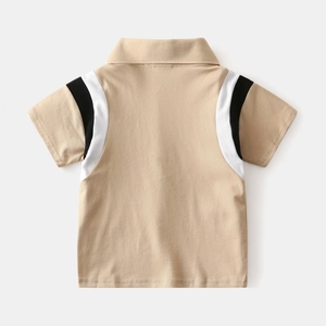 Detailed back view of khaki kids polo shirt showing breathable mesh fabric and sporty stripes