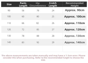 Detailed size chart for kids lightweight denim pants including length and hip measurements