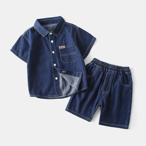 Boys summer denim set with short sleeve shirt and elastic waist shorts in dark blue
