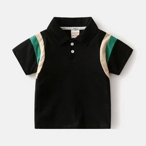Boys short sleeve polo shirt with stylish black and green color block design