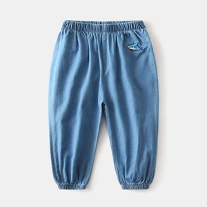 Kids lightweight light blue denim mosquito pants with cute shark embroidery on front