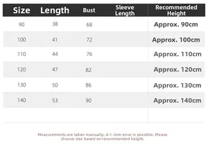 Detailed size chart for kids polo shirts showing length, bust and recommended height