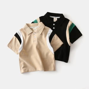 Two-pack boys' color-block polo shirts in beige and black with stylish contrast sleeves