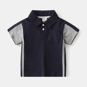 Boys navy blue cotton polo shirt with grey contrast panels and classic chest pocket