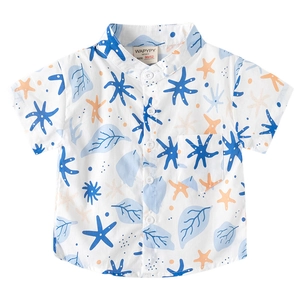 Boys short sleeve beach shirt with sea star coral print and casual chest pocket