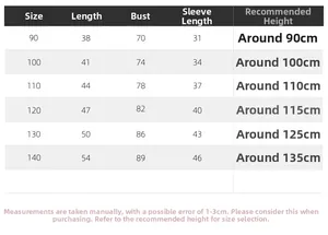 Detailed size chart for boys fleece baseball jacket with measurements for ages 2 to 10 years