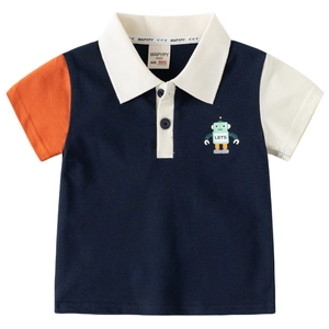 Polo enfant bleu marine à manches contrastées avec patch robot et col blanc élégant