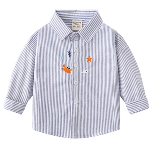 Chemise à manches longues rayée bleu pour garçons avec broderie thème océan en coton