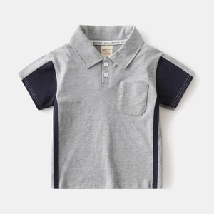 Classic grey and navy blue kids polo shirt with short sleeves and front pocket