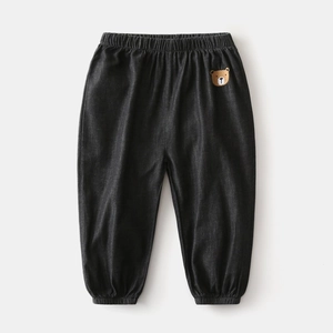 Kids thin denim mosquito pants with elastic waist and cute brown bear embroidery