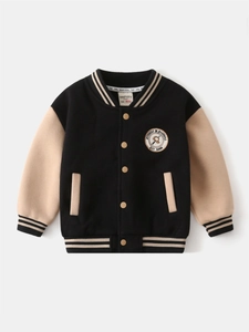 Boys Varsity Baseball Jacket Thickened Fleece Contrast Color Coat With Embroidery And Snap Buttons School Outerwear
