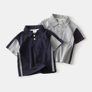 Kids cotton polo shirt with contrast stripes and button collar in navy and grey
