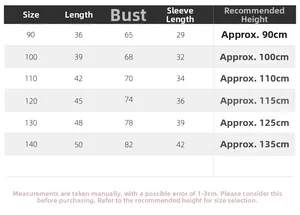 Detailed size chart for boys warm fleece sweatshirt showing length chest and sleeve info