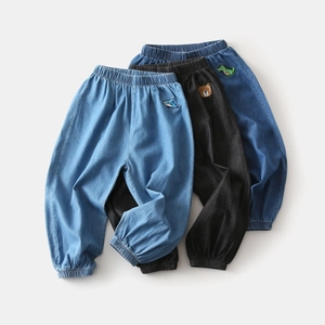 Kids Boys Girls Summer Denim Joggers Lightweight Mosquito Protection Pants Cartoon Shark Dinosaur Embroidery Harem Pants Casual Trousers