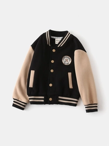 Contrast color baseball jacket for boys featuring metal buttons and embroidery