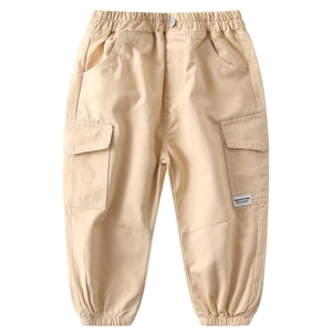 Kids khaki cargo jogger pants with elastic waist and flap pockets for casual daily wear