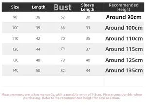 Detailed size chart for children's fleece sweatshirt with measurements for height 90-140cm