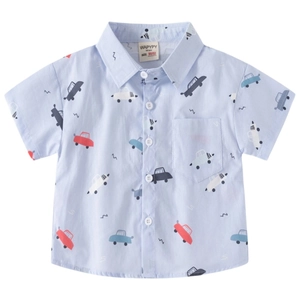 Short-sleeve light blue cotton shirt for boys with colorful cartoon car prints