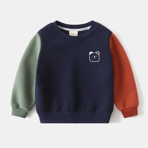 Detail of children's fleece sweatshirt showing bear embroidery and color-block sleeves