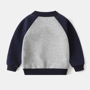 Rear view of a fleece-lined toddler sweatshirt with navy raglan sleeves and ribbed cuffs