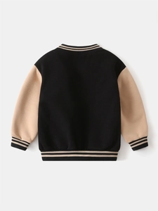 Kids baseball jacket with contrast sleeves and ribbed trims in black and beige