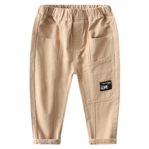 Kids casual khaki cotton pants with elastic waist and large front patch pockets