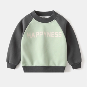 Close-up of boys fleece sweatshirt with raglan sleeves and Happyness print