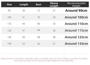 Size chart for boys' denim shirt including length, chest, and sleeve measurements
