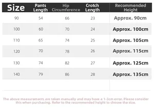 Detailed size chart for boys casual embroidered pants covering 90 to 140cm heights