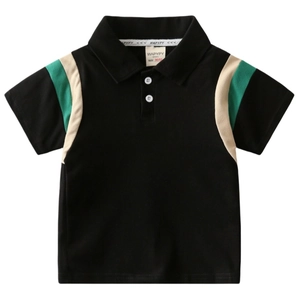 Boys' black polo shirt with green and beige color-block stripes and turn-down collar