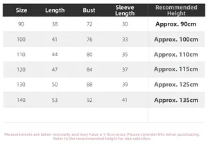 Detailed size chart for children hooded jacket including length chest and sleeve measurements