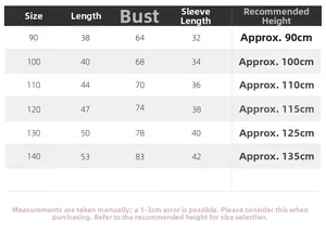 Size chart for boys' long-sleeve plaid shirts with detailed height and body measurements