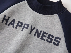 Detail of ribbed neckline and HAPPINESS print on gray and navy fleece sweatshirt