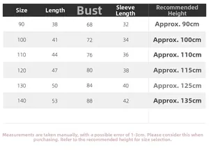 Detailed size chart for kids fleece hoodie showing length and chest measurements