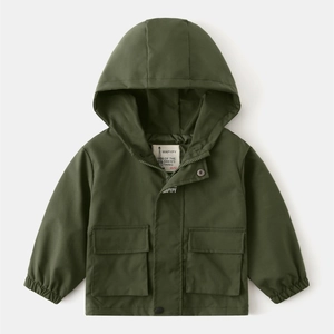 Detail view of olive green kids hooded jacket with zipper closure and flap pockets