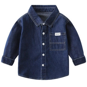 Classic deep blue long sleeve denim shirt for boys with white buttons and chest pocket