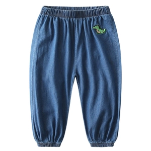 Kids lightweight summer mosquito denim pants with cute green dinosaur embroidery