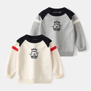 Close-up of knit texture and cute bear pattern on children's round neck sweaters