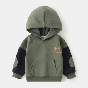Close-up of olive green kids fleece hoodie with 57 Sport Wear embroidery and kangaroo pocket