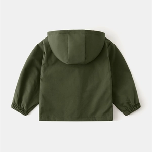 Back view of a kids hooded windbreaker in olive green with elastic cuffs and smooth fabric