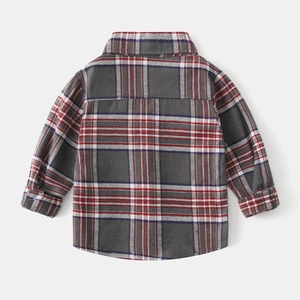 Detail view of the back of a classic grey and red plaid flannel shirt for boys