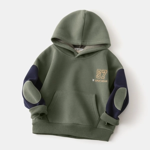 Detail of kids olive green hoodie with contrast navy sleeves and sport wear patch