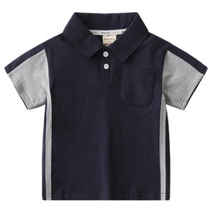 Kids navy polo shirt with grey contrast trim and white buttons in cotton fabric