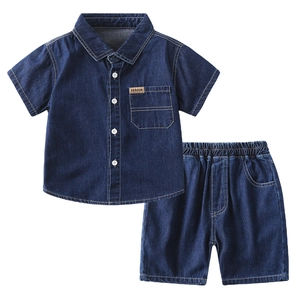 Kids denim short sleeve shirt and shorts set in deep blue with white contrast buttons
